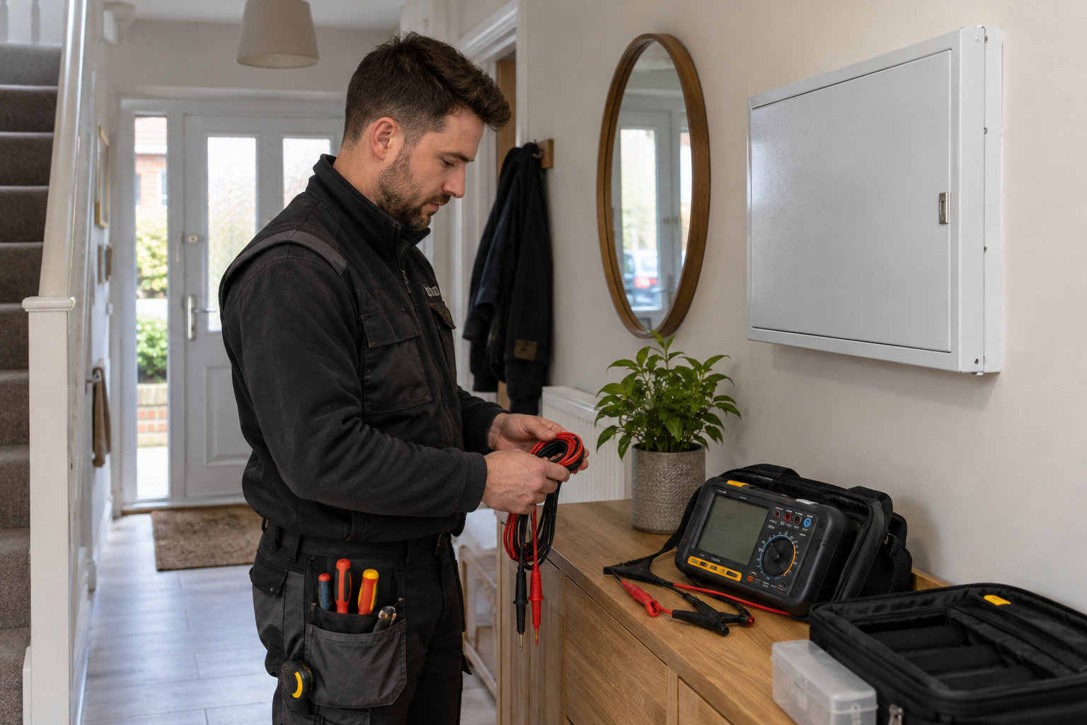 Electrician preparing inspection equipment beside a closed consumer unit