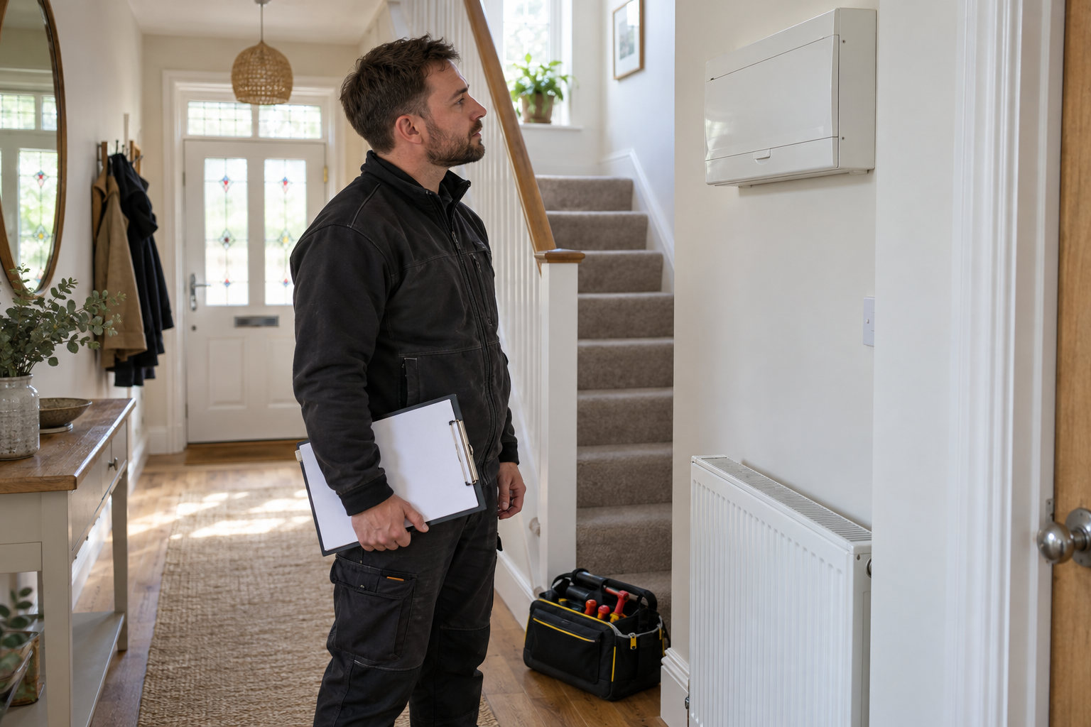 Electrician surveying a closed consumer unit with a clipboard