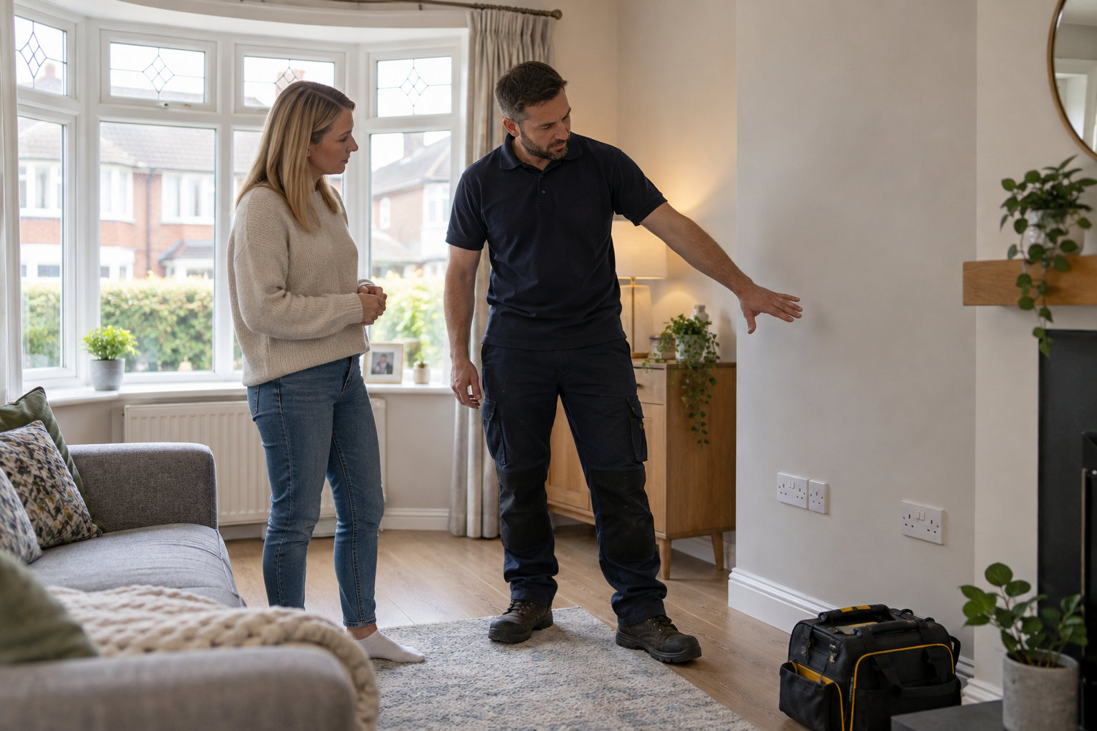 Electrician and homeowner discussing socket positions in a living room