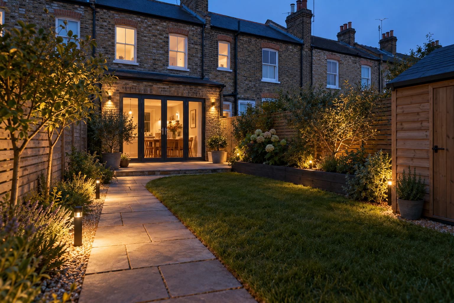 Low-level lights illuminating a garden path beside planting