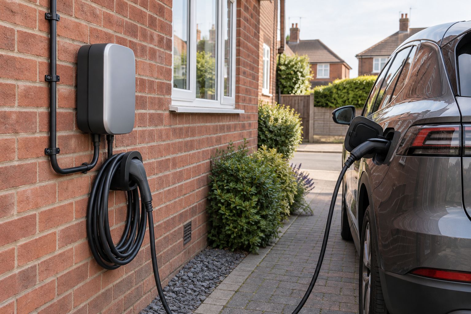 Wall-mounted home EV chargepoint beside a private driveway