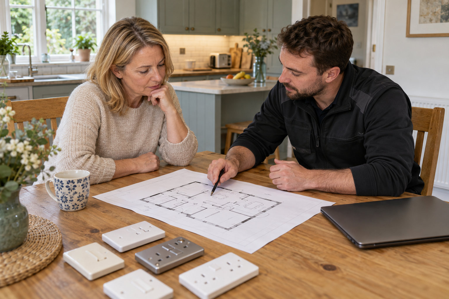 Homeowner and electrician discussing a floor plan and socket fittings at a kitchen table