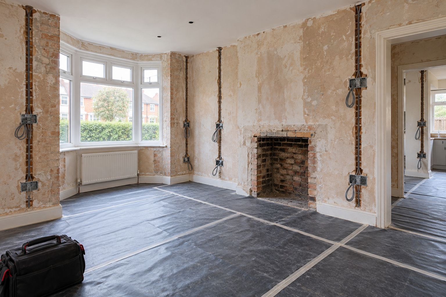 Vertical cable routes and recessed socket boxes during a house rewire